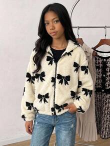 SHEIN 青少年女孩保暖內裡加厚蝴蝶結連帽拉鍊夾克 秋冬款 - 白色 - 查看 8