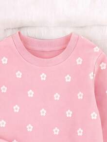 Playful Pals YoungGirl 2pcs Set Sweet Cute Girl 3D Floral Print Long Sleeve Sweatshirt With Pink Ribbed Long Pants, Casual Minimalist Daily Wear For Autumn/Winter - Multicolor - View 6