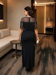 Auveirra Vestido casual de fiesta para mujer talla grande con diseño de patchwork de malla y flecos - Negro - Ver 2