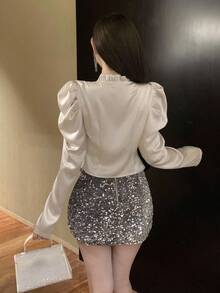 DAZY Blusa da donna con colletto alto, balze e maniche a sbuffo, colore unito, abbigliamento autunnale da donna, top a maniche lunghe - Albicocca - Visualizzare 2