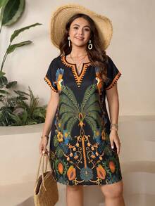 SHEIN LUNE 大尺碼女款復古花卉印花V領蝙蝠袖休閒上衣，適合辦公室、海灘度假穿著，黑色夏季款 - 彩色 - 查看 5