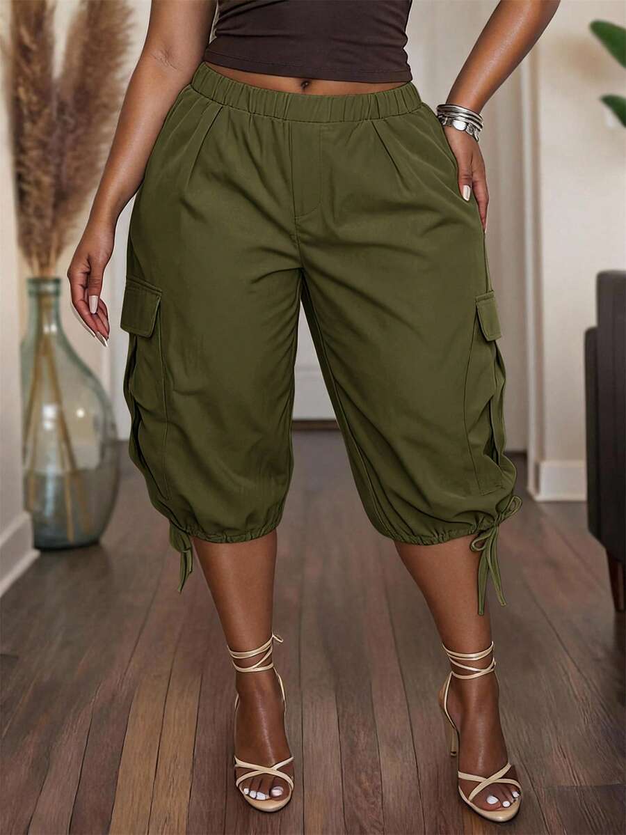 Slaydiva Celana Capri Wanita Ukuran Besar Warna Polos Pinggang Elastis Saku Kargo untuk Liburan Semi Formal Hijau Zaitun Kasual Musim Panas - Hijau Tentara - View 1