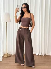 SHEIN PETITE Women's Elegant Button Pocket Pleated Loose Business Suit Pants - Rust Brown - View 4