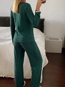 Women Cotton Heart Embroidery Detail Long Slseve Shirts&Pants Homewear Pajama Lounge Set - Green - View 2