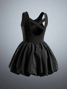 SHEIN Young Girl Plain Round Neck Backless Snug Fit Knit Dress - Black - View 2
