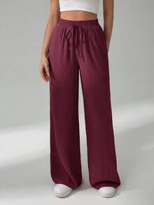 SHEIN Tall 女款休閒百搭純色直筒長褲 - 酒紅色 - 查看 1