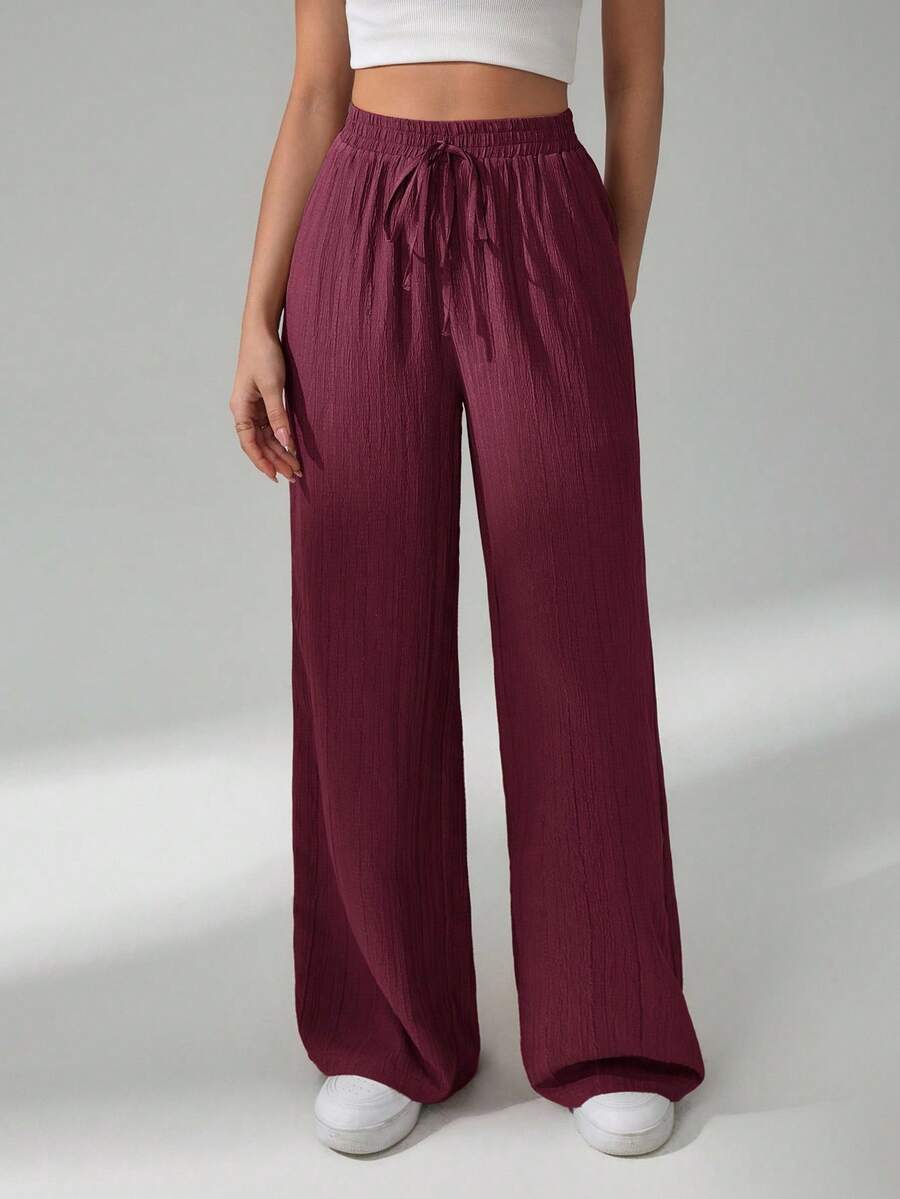 SHEIN Tall 女款休閒百搭純色直筒長褲 - 酒紅色 - 查看 1
