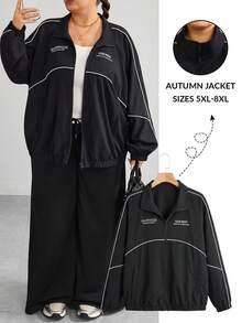 SHEIN CURVE+ Plus Size Casual Smart Contrast Trim Letter Print Jacket, 90s Style Jacket, Autumn Winter, 2026 22W - Black - View 1