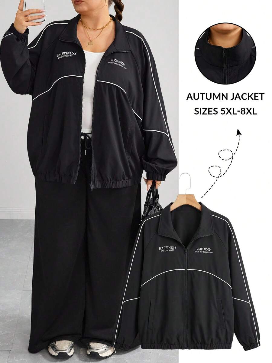 SHEIN CURVE+ Plus Size Casual Smart Contrast Trim Letter Print Jacket, 90s Style Jacket, Autumn Winter, 2026 22W - Black - View 1