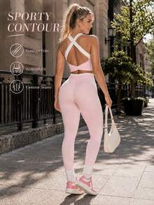 SHEIN Core Rhythm 1套粉色無縫運動套裝，無袖露背，柔軟舒適貼身，適合健身、跑步、休閒、瑜伽 - 粉色 - 查看 2