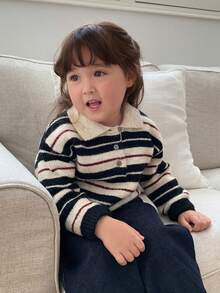 DAZY Infant (Girl) Collared Striped Long Sleeve Sweater Toddler Fall - Black - View 7