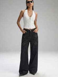 SHEIN EZwear 女款純色前綁帶單排扣掛脖背心上衣，適合度假穿著 - 杏色 - 查看 7