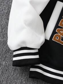 SHEIN 青少年男孩時尚休閒拼色拼接字母刺繡抓絨夾克 - 黑色 - 查看 6