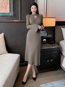 DAZY 纯色修身马蹄袖镂空女式毛衣裙，秋装 - 咖啡棕 - 查看 3