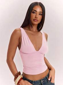 SHEIN BAE Solid Color V-Neck Slim Fit Women's Tank Top, Versatile All-Match Style, Wardrobe Essential, Suitable For Office, All Seasons Wear, Brown Top, Casual Top - Coral Pink - View 4