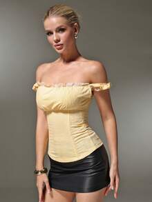 Nuvra Women's Off-Shoulder Fitted Versatile Casual Top - Yellow - View 3