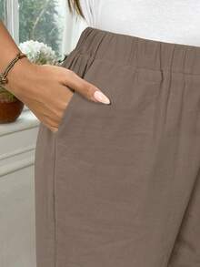 SHEIN EMERY ROSE CURVE Plus Size Women Cotton Fold Over Hem Solid Color Pockets Casual Pants Fall - Brown - View 3