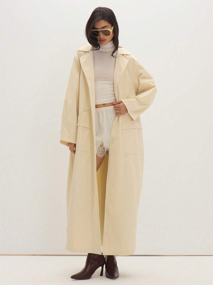 MUSEYN Cream Woven Extreme Oversized Trench Coat Structured Tailored Polished Everyday Office Fall - Apricot - View 1