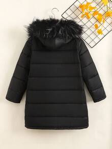 SHEIN Tween女孩休閒連帽拉鍊長款加厚外套，附口袋，百搭冬季黑色外套，秋季端莊約會穿搭，女孩Tween女孩冬季外套 - 黑色 - 查看 2