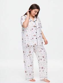 Bonmuse Plus Size Bubble Crinkle Star Print Lapel Short Sleeve Pajama Set Star Print Pajamas Cute Pajama Set For Women Comfy Pajamas Set Women's Sleepwear - White - View 5