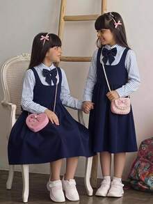 SHEIN 青少年女孩條紋拼接蝴蝶結裝飾 2合1連身裙 - 藏蓝色 - 查看 13