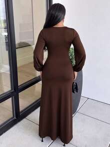 Glyssa Women's Elegant Vintage Metal Buckle Decor Long Sleeve Slit Dress For Party Dinner Night Date Evening Wear Thanksgiving Dark Brown Autumn - Coffee Brown - View 2