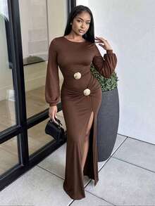 Glyssa Women's Elegant Vintage Metal Buckle Decor Long Sleeve Slit Dress For Party Dinner Night Date Evening Wear Thanksgiving Dark Brown Autumn - Coffee Brown - View 6