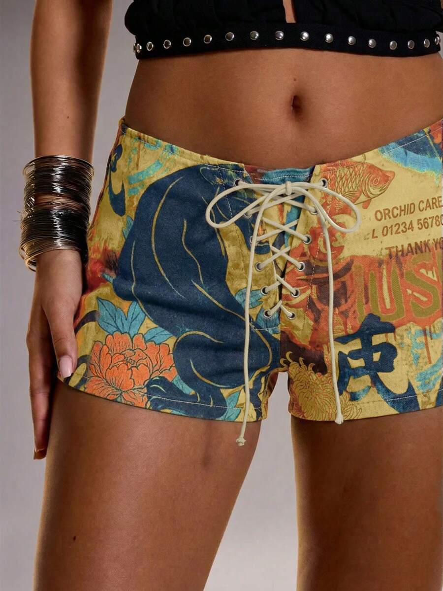 MUSERA 破舊下擺繫帶修身印花超短牛仔短褲,夏季 Ibiza 波西米亞度假節慶性感夜店 Rave Aftershow 可愛 Y2K 圖案款 - 黃色 - 查看 1