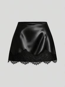 Sweetra Plus Size Satin Sexy Elegant Halter Neck Backless Top And Lace Patchwork Mini Bodycon Skirt 2 Pieces Set Halloween Cocktail Black - Black - View 4