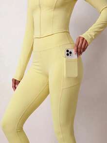 Zivah Women's Sportswear Set Zipper Long Sleeve Jacket & Long Pant With Pockets Gym Workout Activewear Outfit For Autumn Winter - Yellow - View 6