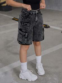 SHEIN 千禧年风少女低腰翻盖口袋宽松牛仔工装短裤，返校季 - 黑色 - 查看 6