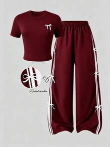 SHEIN 2 piezas/Set Conjunto de manga corta & pantalones largos para adolescentes, lazo de cinta, adecuado para primavera/verano, deportes & desplazamientos - Burdeos - Ver 1