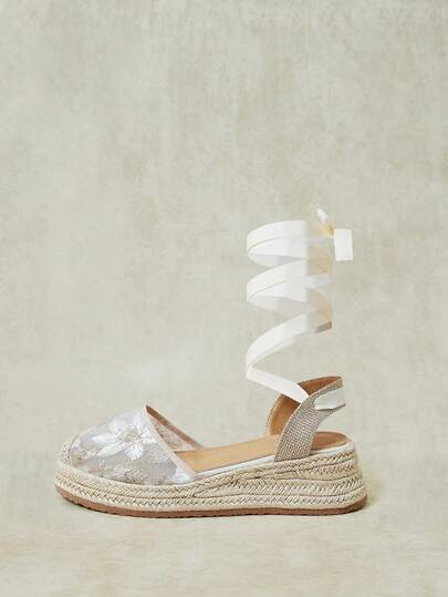 Styleloop Women's Casual And Stylish Bohemian Wedge Platform Shoes With A Rope Outsole, Mesh, Floral And Botanical Embroidery.