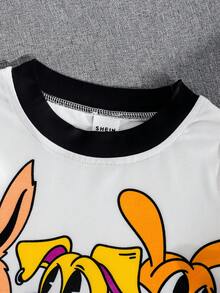 SHEIN 男嬰卡通小狗印花拼色羅紋圓領長袖T恤與長褲休閒運動親子套裝 春秋白色 - 彩色 - 查看 6