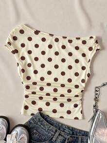 Teen Girls White Casual Minimalist Fitted Asymmetrical Shoulder Ruched Cropped Top, Suitable For Spring/Summer, Unique Outfit, Daily Wear - White - View 3