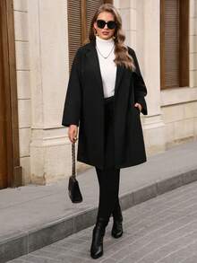 EMERY ROSE Plus Size Women's Casual Solid Color Lapel NeckLoose Fit Jacket, Autumn/Winter - Black - View 5