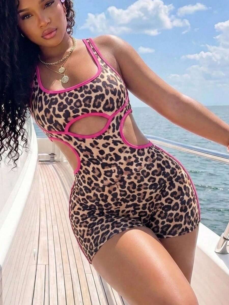 SHEIN SXY Women's Sexy Leopard Print Hollow Out Color Block Tight Romper Unitard Beach Club Pink Leopard Print Summer - Pink - View 1