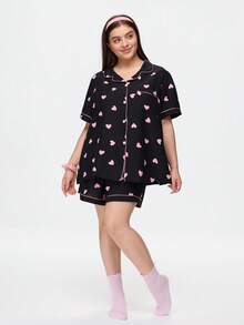 Bonmuse Heart Print Plus Size Women Bubble Crinkle Short Sleeve Shorts Pajama Set - Black - View 6