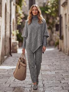SHEIN Unity Women's Turtleneck Asymmetrical Knit Sweater, Elegant Top For Winter,Winter For Women - Grey - View 2