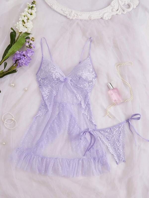 Seduluxe Women's Sexy Lace Mesh Patchwork Dress + G-String 2pcs Set