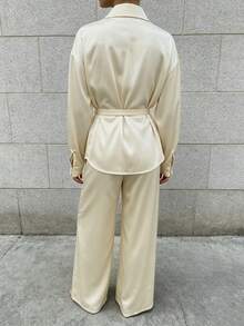 Cévolie Women's Solid Color Single-Breasted Long Sleeve Top And Pants Casual Daily 2 Pieces Set - Light Yellow - View 2