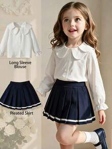 SHEIN Elladie kids 女童時尚甜美可愛領口白色荷葉邊長袖襯衫，學院風百搭上衣，適合日常優雅休閒穿著與校園秋季穿搭 - 白色 - 查看 5