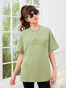 SHEIN Teen Girls Letter Pattern Drop Shoulder Tee - Mint Green - View 5