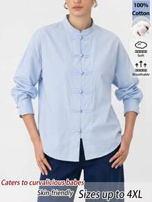 EastFlair Plus Size Fashionable Blue Long-Sleeved Stand-Up Collar Chinese Style Shirt, Breathable Top, Unique Frog Button Design, Soft And Skin-Friendly - Baby Blue - View 4