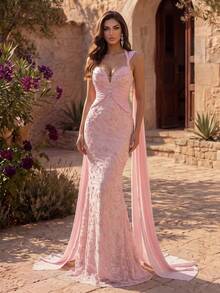 Coutiva Women's Sequin Embroidered Slim Fit Extra Long Evening Gown - Pink - View 2