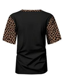 SHEIN LUNE Kaos Wanita Ukuran Besar Motif Patchwork Bunga Kerah V Lengan Raglan Pendek Kasual Tradisional untuk Brunch dan Acara Formal Hitam Musim Panas - Hitam - View 2
