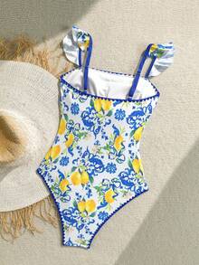 SHEIN Modest Cute Flounce Print One-Piece Swimsuit, Suitable For Beach & Holiday - Blue - View 2