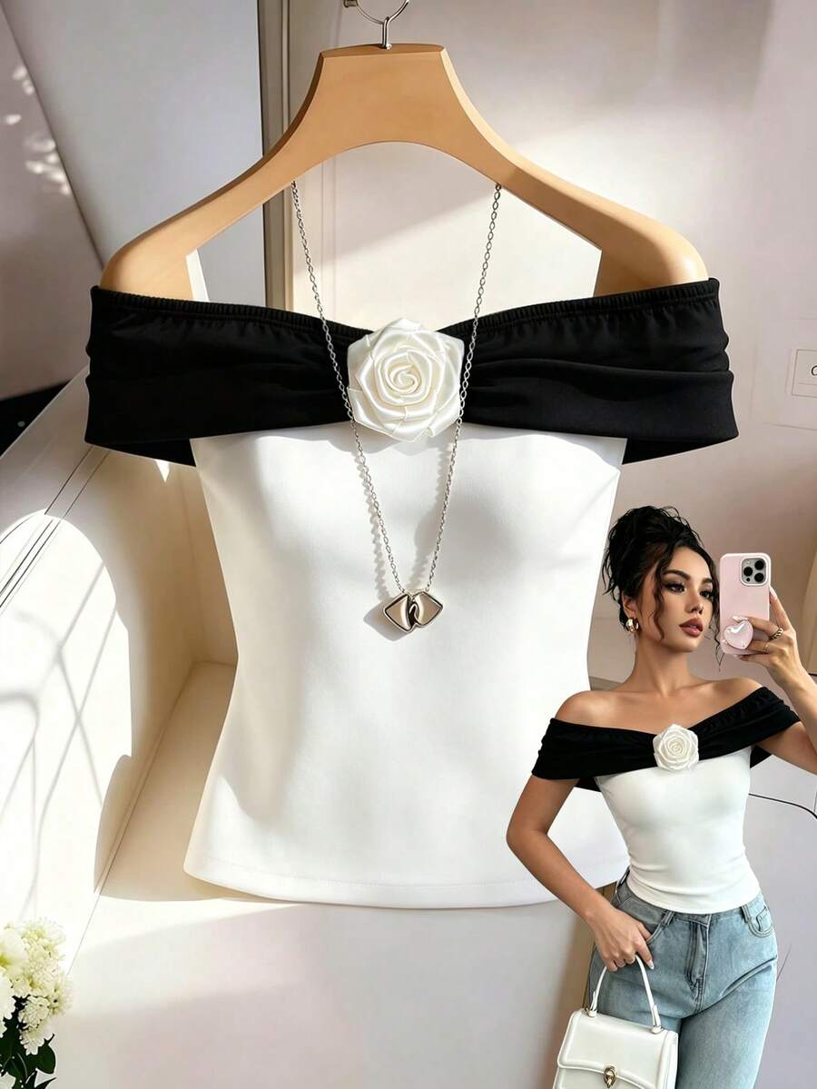 Resyla 女款春夏通勤酒吧早午餐派對約會優雅浪漫配色收腰抹胸上衣，山茶花白黑拼接款 - 黑與白 - 查看 1