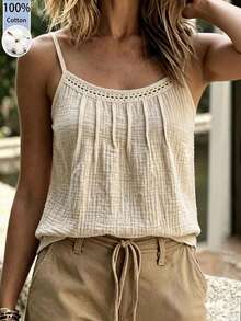 SHEIN Damen einfarbiges plissiertes lässiges vielseitiges Alltags-Camisole-Top - Aprikosenfarben - Übersicht 4