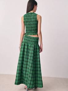 Nöista Conjunto de dos piezas a cuadros con detalle de volantes en la cintura. Verano, otoño, resort, casual chic, estilo de fiesta - Verde Oscuro - Ver 2